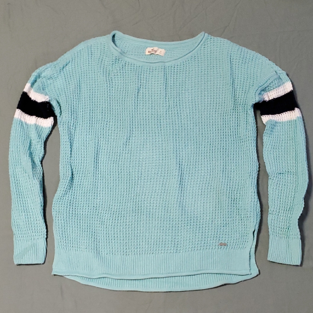 Hollister Teal Sweater with Black and White Arm Stripes